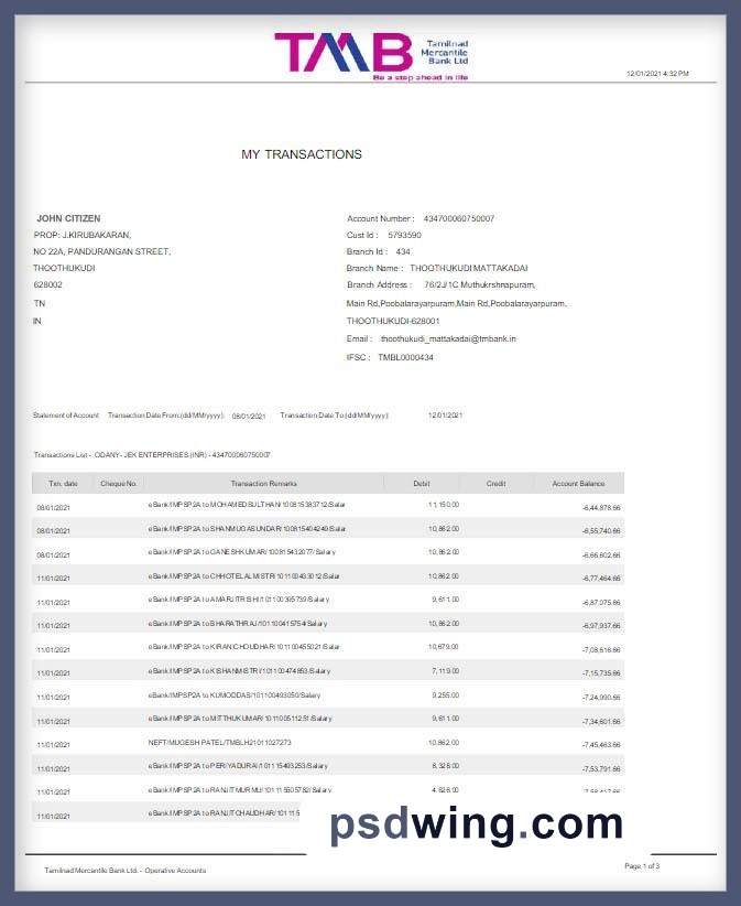 India TAB Bank Statement (Word)